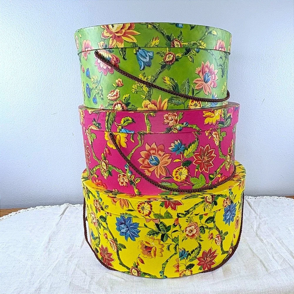 Punch Studio Set of 3 Nesting Floral Hat Boxes Green Pink Yellow